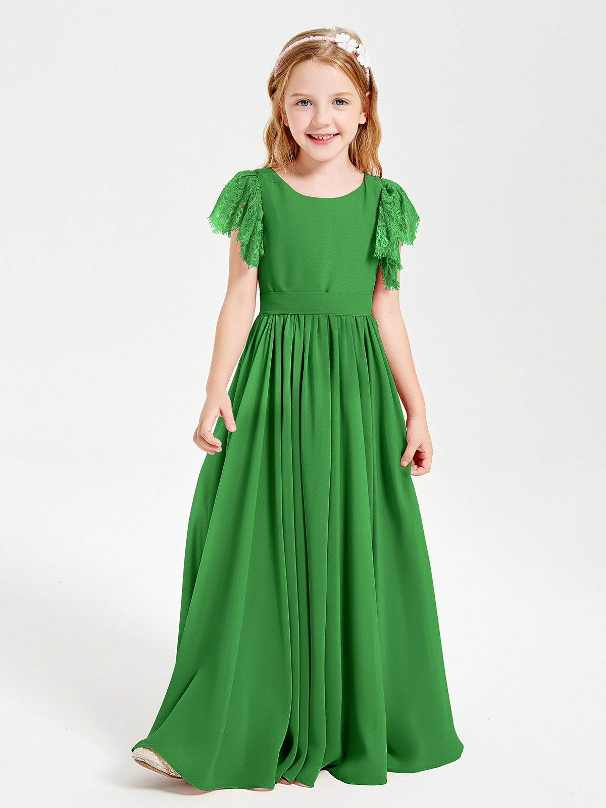 Chiffon Junior Bridesmaid Dresses with Lace Flutter Sleeves Green